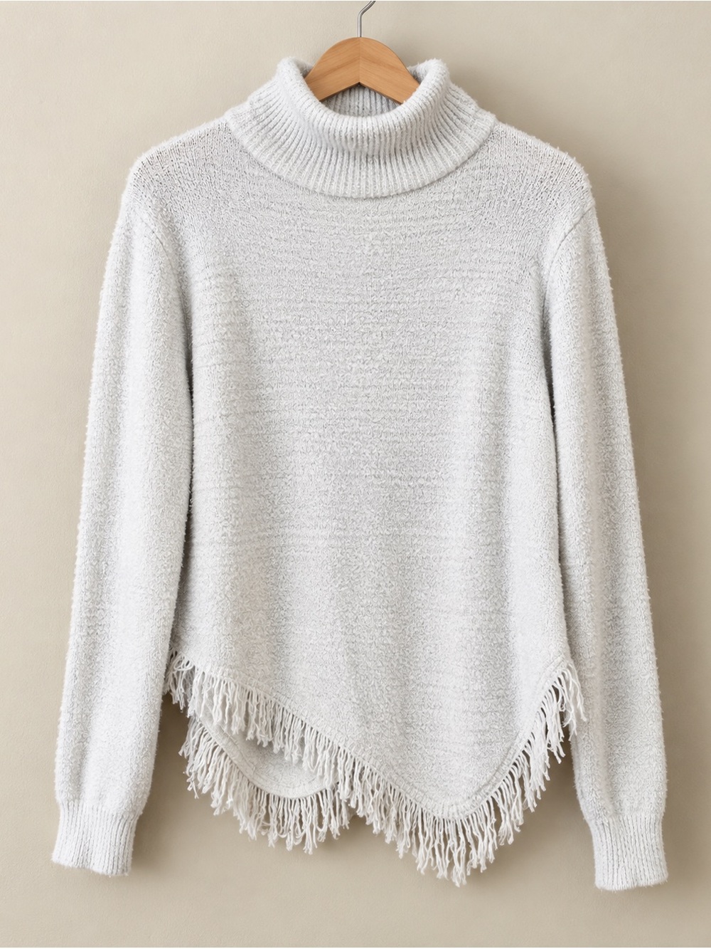 SHEIN Cream White Fuzzy Turtleneck Fringe Sweater Women’s Large Boho Cozy